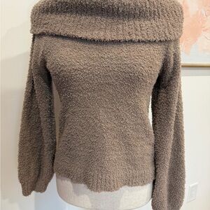 Pink Rose Off-Shoulder Taupe Sweater